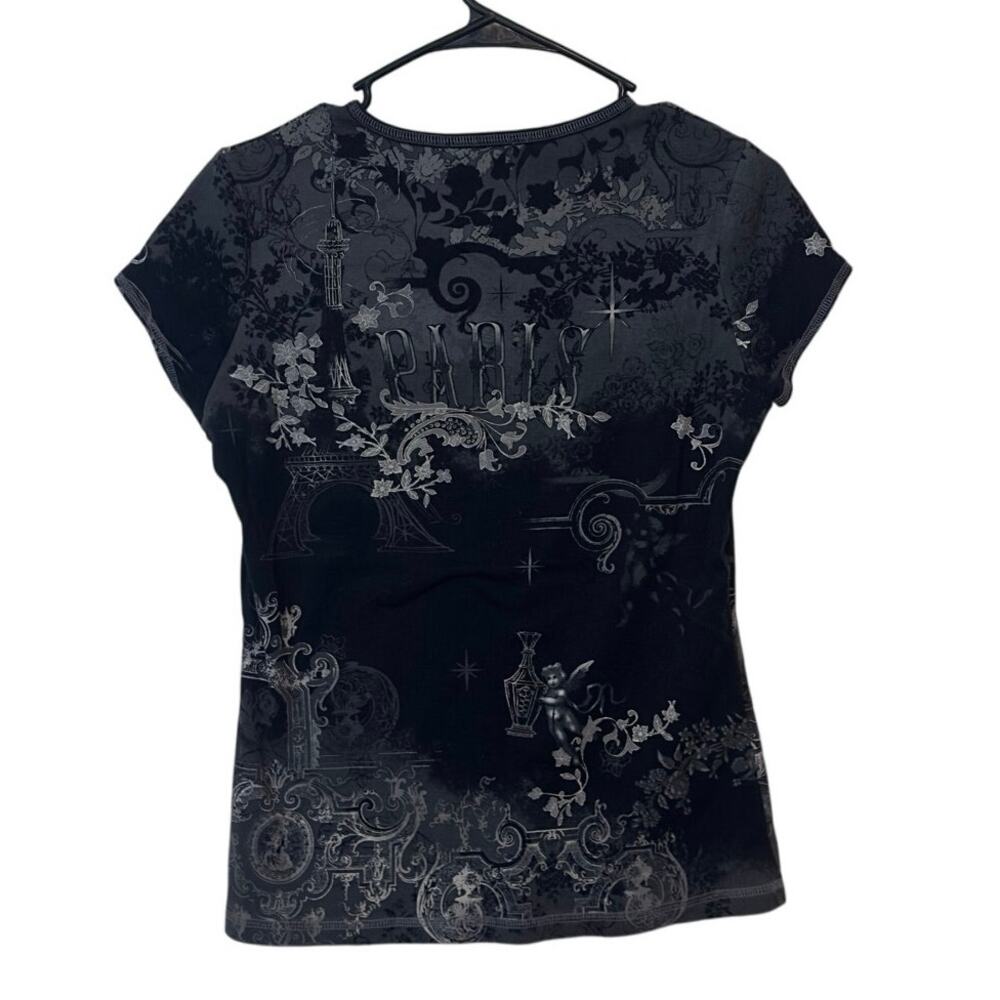 Dressbarn Y2K Women’s Paris Fitted T-Shirt Size L Black Gray Rhinestones Floral - Picture 2 of 7